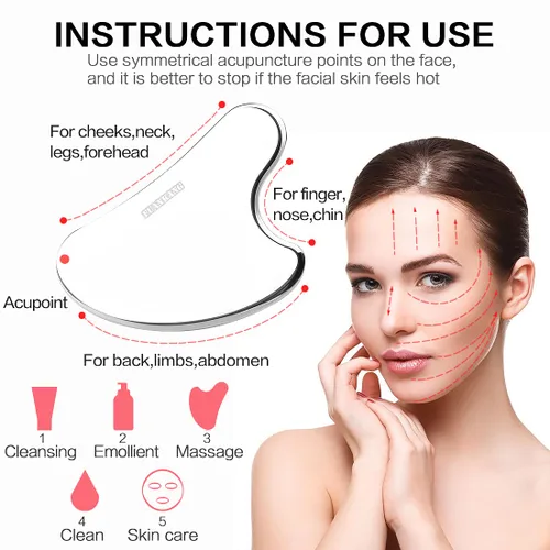 Vista 5 de Gua Sha - Herramientas faciales con bolsa de viaje, herramienta de masaje de raspado de acero inoxidable para cara
