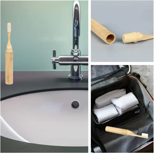 Vista 2 de Cepillo de dientes de viaje de bambú para cepillos de dientes, kit de soporte para cepillo de dientes plegable, portátil, cerdas suaves