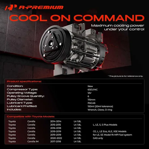 Vista 2 de A-Premium Compresor de Aire Acondicionado AC con Embrague Compatible con Toyota Corolla 1.8L 2014-2022, Corolla iM 1.8L 2017-2018