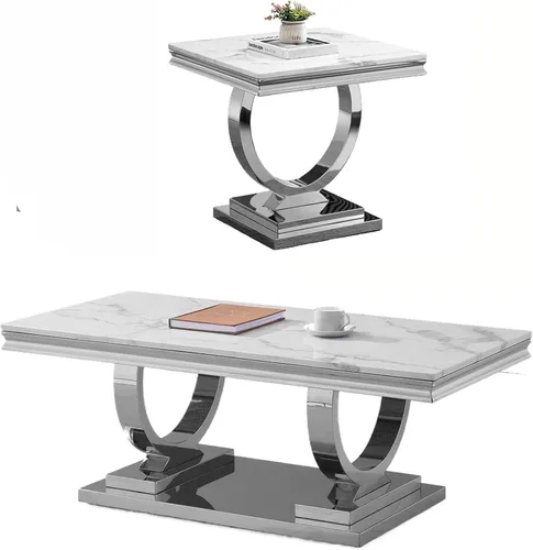 Vista 17 de Juego de 2 mesas de café de mármol, juego de mesa de sala de estar de 2 piezas que incluye 1 mesa auxiliar y 1 mesa auxiliar, moderna mesa de centro