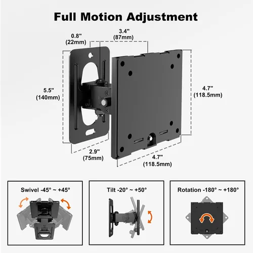 Vista 3 de Soporte de pared para monitor para pantallas ultraanchas de 17 a 49 pulgadas, brazo de monitor resistente de hasta 44 libras con giro, inclinación