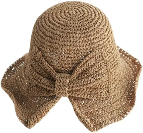 Vista 9 de Sombrero de playa plegable de ala ancha con paja, gorra de cubo de verano con lazo para mujeres y niñas Beige