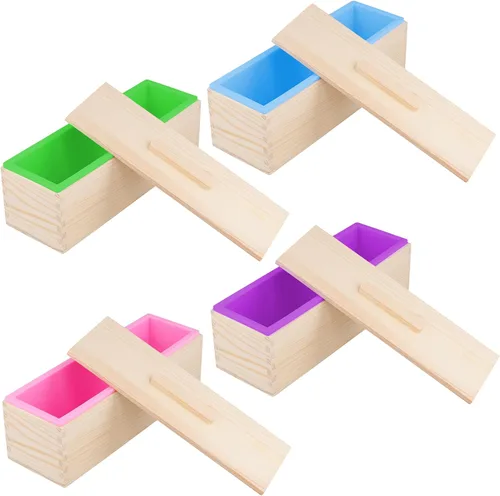 Vista 7 de KEILEOHO Paquete de 2 moldes de silicona para jabón, molde de pan de jabón de 42 onzas con caja y cubierta de madera, moldes de jabón rectangulares