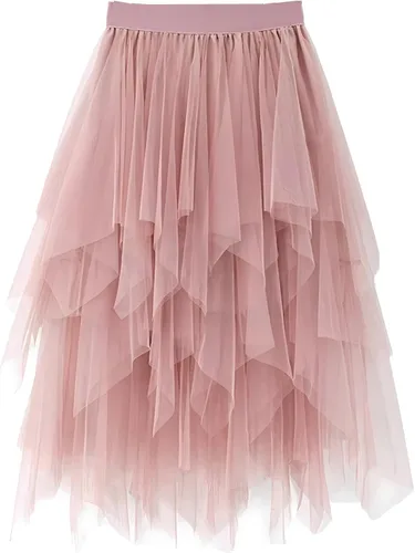 Vista 8 de LBKKC - Falda de tul para mujer, diseño formal, largo asimétrico por debajo de la rodilla, pretina elástica, faldas de hadas tipo tutú escalonadas