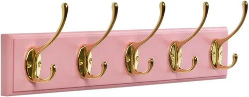 Vista 13 de Perchero de bambú para montaje en pared, 17 pulgadas, 4 ganchos dobles, paquete de 2, rosa y dorado