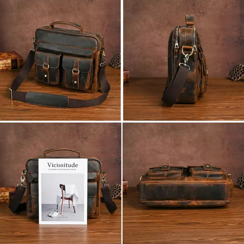 Vista 5 de Bolsa de lona resistente al agua + cuero para negocios, maletín de 14 pulgadas, para laptop, oficina, cartera, para hombres FBB207