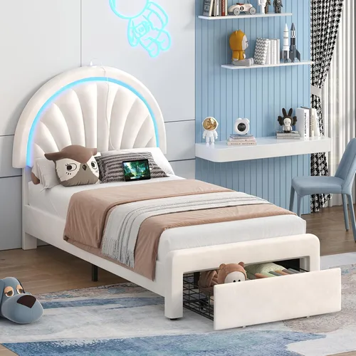 Vista 11 de Marco de cama Queen con cabecero, marco de cama LED tapizado, sin somier Base de cama tapizada tamaño queen con estación de carga tipo C y USB