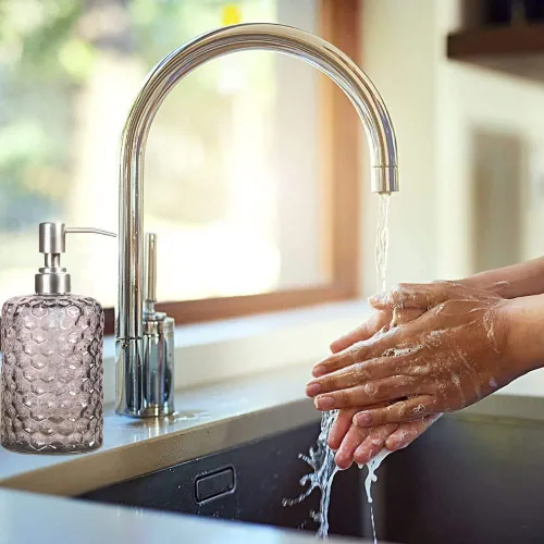 Vista 4 de YunNasi Dispensador de jabón líquido de 17 onzas, dispensador de jabón de vidrio y boquilla de acero inoxidable para baño, inodoro o cocina (verde)