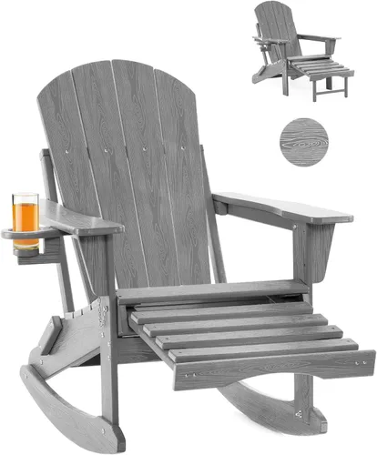 Vista 17 de Mecedora plegable Adirondack, silla de patio multifuncional 4 en 1 con otomana retráctil, silla de exterior con textura de madera, silla de césped