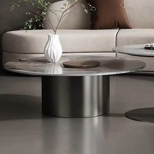 Vista 5 de Mesa auxiliar, mesa de centro redonda de estilo glamuroso de mediados de siglo con base de pedestal de acero, mesa central para sala de estar, mesa