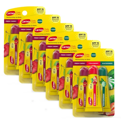 Vista 13 de Carmex Daily Care - Paquete de bálsamo labial hidratante, bálsamo labial con protector solar en cereza fresca, fresa y gaulteria, 0.35 onzas