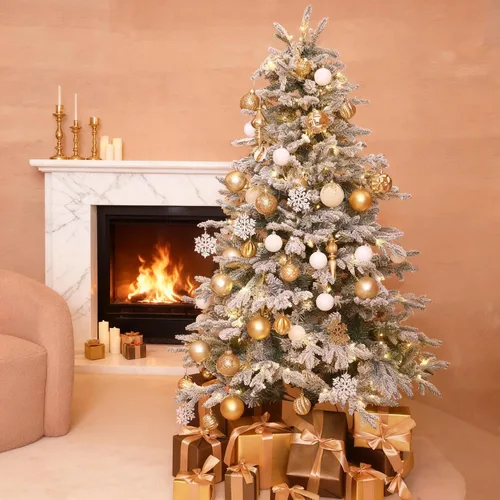 Vista 6 de HipTree Árbol de Navidad artificial de 1.8 m con nieve flocada y 200 luces LED de doble color, árbol de Navidad blanco iluminado para decoración