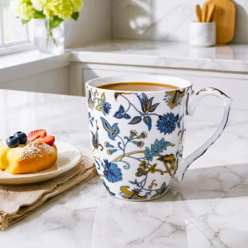 Vista 6 de Taza de café floral de porcelana de hueso de 14 onzas con asa, elegante taza de café, té, regalos de cumpleaños de Navidad para mujeres, hombres