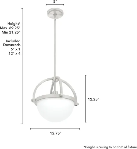 Vista 3 de Hunter - Wedgefield 1 luz de níquel cepillado, luz colgante de tamaño mediano, regulable, estilo formal, en forma de esfera, para dormitorios
