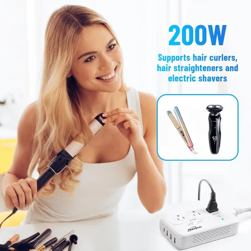 Vista 4 de Convertidor de voltaje de 2000 W para secador de pelo, convertidor de 220 V a 110 V para rizador, alisador con 3 salidas de CA y 4 puertos USB