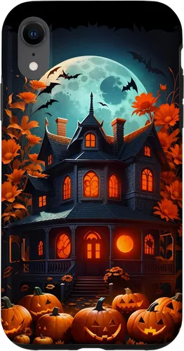 Vista 24 de iPhone 16 Halloween Spooky Haunted House Bats & Carved Pumpkins Case