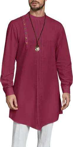 Vista 6 de Kaftan Thobe - Bata de manga larga para hombre, casual, algodón, lino, con botones, camisa musulmana Blanco