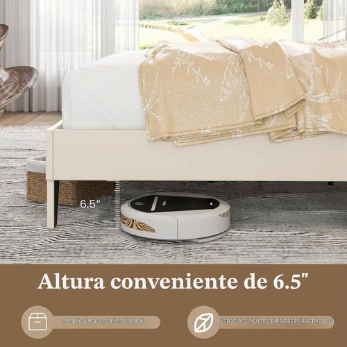 Vista 5 de Giantex Base de cama tamaño Queen color beige, plataforma tapizada de tela de lino con cabecera de clavos, base de colchón con botones y listones