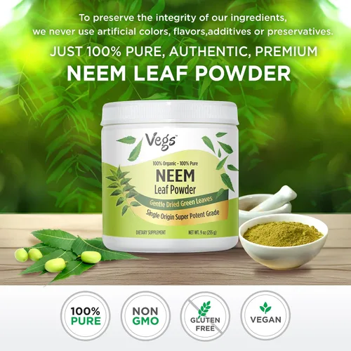 Vista 4 de Polvo orgánico de hoja de neem - Polvo de hojas de neem verde liofilizado - Apoya el crecimiento del cabello, la salud de la piel y el intestino