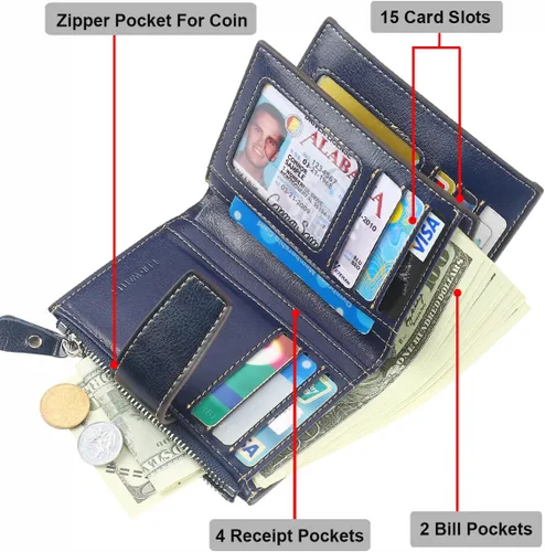 Vista 4 de Lavemi Pequeña cartera compacta para mujer, con bloqueo RFID, de piel auténtica, plegable, con ventanas de identificación