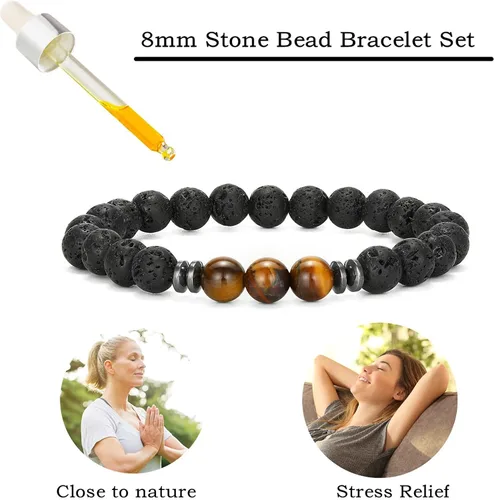 Vista 3 de MengPa - Pulseras de cuentas con cuentas de piedra volcánica mate y roca de lava elástica para hombre y mujer