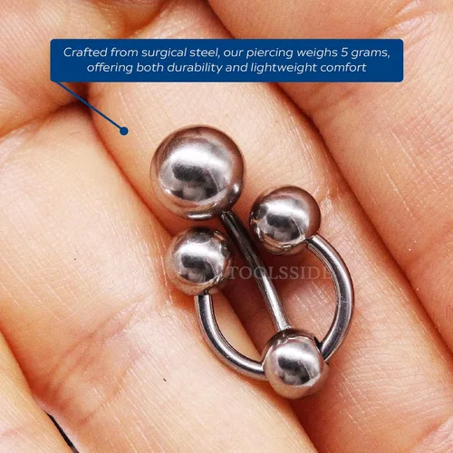 Vista 4 de VCH Jewelry - Piercing vertical con capucha para mujer, 4 bolas de acero quirúrgico, herradura y barra para piercing VCH, piercing genital curvado