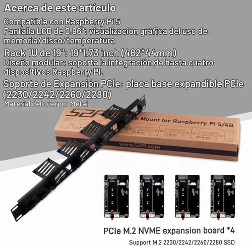 Vista 2 de GeeekPi Soporte de rack de 19 pulgadas para Raspberry Pi 5, con 4 adaptadores PCIe a M.2 NVMe SSD y pantalla OLED, compatible con rack de servidores