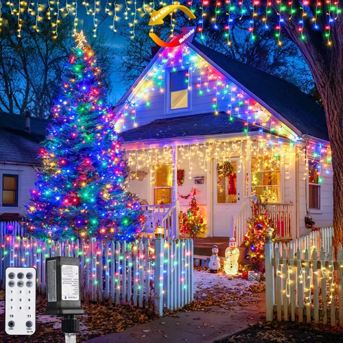 Vista 20 de JMEXSUSS 400 luces LED de Navidad de carámbano de 38.8 pies con control remoto, tira de luces multicolor para exteriores enchufables, 8 modos