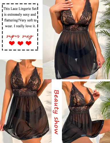 Vista 5 de Avidlove Lencería de encaje para mujer con tirantes tipo babydoll y cuello en V