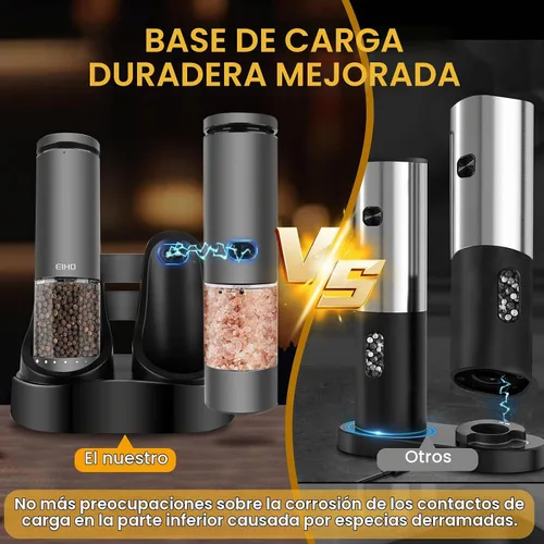 Vista 4 de Juego de Molinillo Eléctrico de Sal y Pimienta Recargable, Grosor Ajustable Externo, Molinos Automáticos de Saleros y Pimenteros, Accesorios