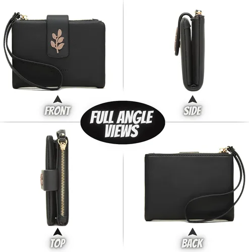 Vista 5 de PRETTYZYS Cartera pequeña y compacta de piel sintética para mujer, con bloqueo Rfid, con bolsillo, con correa para muñeca, color negro, Negro