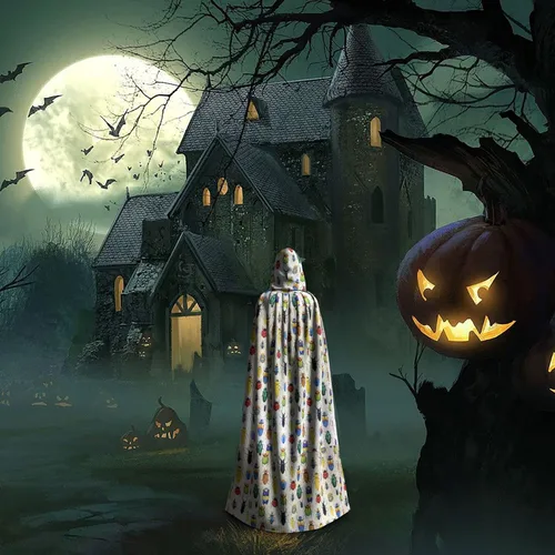 Vista 7 de Capa con capucha de bruja maga de Halloween con patrón de insectos, capa de Navidad para cosplay para adultos