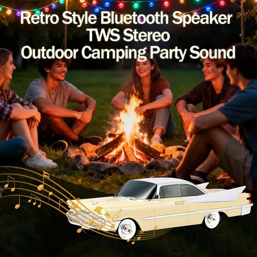 Vista 6 de WSTER WS-1965 Replica altavoz Bluetooth – Diseño retro de cohete coche, sonido HD, TWS, luces LED de fiesta, radio FM, reproducción USB/TF, Beige