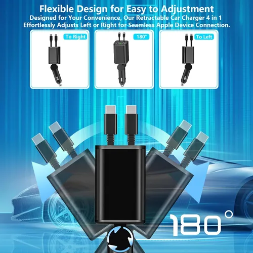 Vista 5 de [Apple MFi Certified] Retractable Car Charger USB C, Braveridge 120W Car Phone Charger 4 in 1 PD/QC Type C Fast Charging Car Accessories Adapter for