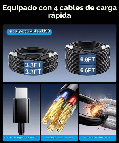 Vista 5 de Estación de carga USB C de 10 puertos con 4 cables, bloque