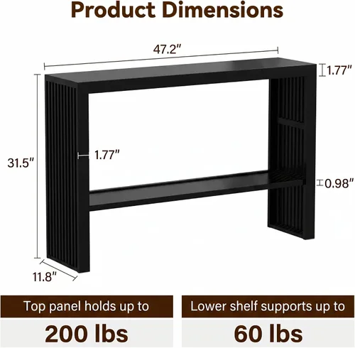 Vista 2 de Mesa consola estrecha de bambú de 47.2 pulgadas, mesa auxiliar de granja de 2 niveles, mesa de entrada rectangular, moderna mesa de sofá detrás