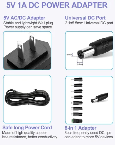 Vista 2 de Adaptador de fuente de alimentación de 5 V 1 A, cargador de 5 W, CA/CC, 100 V-240 V a CC, 5 voltios, 1 amperio, 0.5 A, cable de alimentación