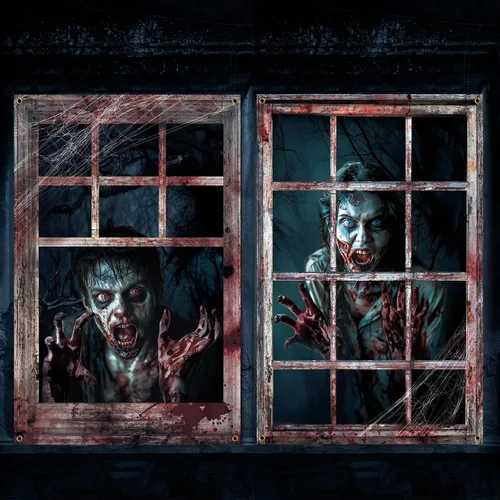 Vista 10 de Newwiee - 2 cortinas de Halloween aterradoras con silueta para ventana, decoración, póster temático para interiores y exteriores, fiestas, paredes