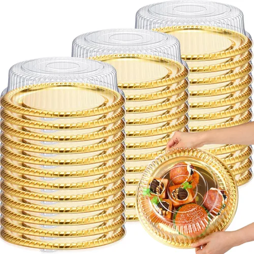 Vista 8 de Nitial 12 Piezas Bandejas de Servicio Resistentes con Tapa Transparente, Bandejas Redondas Elegantes Doradas para Catering Desechables Platos