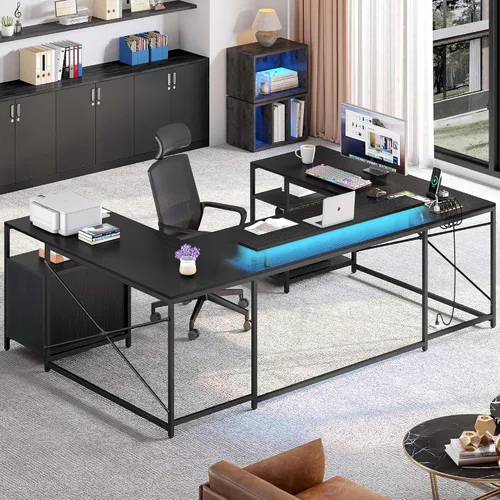Vista 6 de YITAHOME Escritorio en Forma de U con Tomas de Corriente y Luces LED, Escritorio Reversible en Forma de L de 79" con Cajones, Escritorio de Esquina
