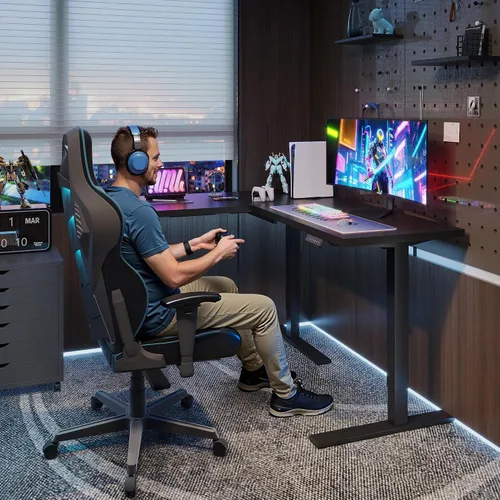 Vista 2 de SANODESK - Escritorio de pie en forma de L, altura ajustable, escritorio de esquina eléctrico, mesa de computadora ajustable de 63 x 48 pulgadas