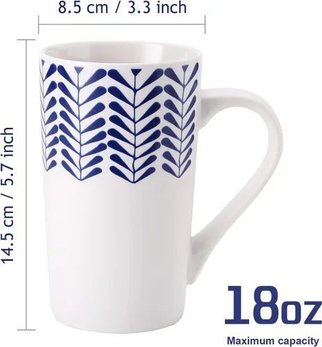 Vista 2 de YouPeng Juego de tazas de café grandes, tazas de cerámica con asa grande, taza de café alta para hombres o mujeres con patrón pintado a mano azul