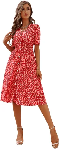 Vista 7 de Floerns Vestido midi de manga corta con cuello en V y botones en la parte delantera para mujer