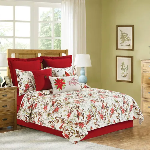 Vista 3 de C&F Home Averie - Juego de edredón reversible botánico con acebo y ramitas navideñas, diseño de cardenal y flor de pascua, tamaño matrimonial/queen