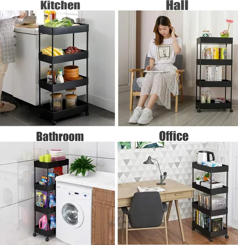 Vista 3 de Carrito de cocina delgado de 4 niveles, organizador de baño para lugares estrechos, estante de almacenamiento multiusos, carrito móvil