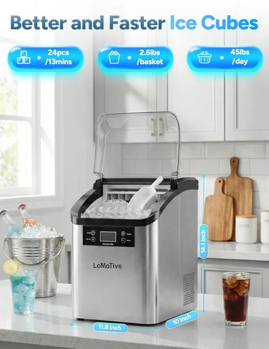Vista 2 de Máquina de hielo para encimera, 45 libras/día con suministro de agua autocebante, 24 cubos listos en 13 minutos, 6 niveles de grosor de hielo