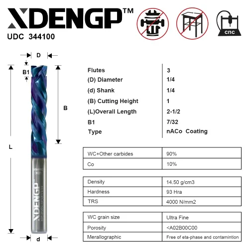 Vista 2 de Broca de enrutador espiral de compresión con corte ascendente y descendente de 3 flautas para CNC, diámetro de corte de 1/4 pulgadas, longitud