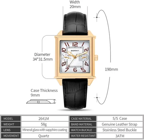 Vista 5 de BERNY Relojes cuadrados para hombre reloj de cuarzo rectangular calendario correa de cuero