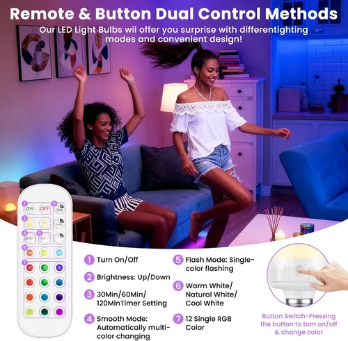 Vista 4 de SCOPOW Bombilla recargable con control remoto – 8W 600LM E26 bombillas recargables regulables temporizador de control y 3 temperaturas de color + 15