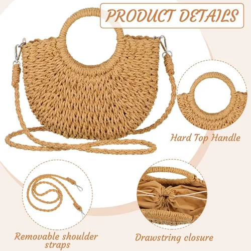 Vista 6 de Sweetude Bolso de mano de paja para mujer, juego de aretes de ratán, bolsa de paja de verano, playa, bolso bohemio, cartera tejida para vacaciones